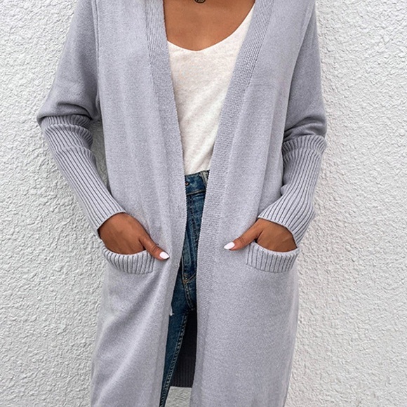 Ribbed Sleeve Longline Cardigan with Pockets - Picture 3 of 6